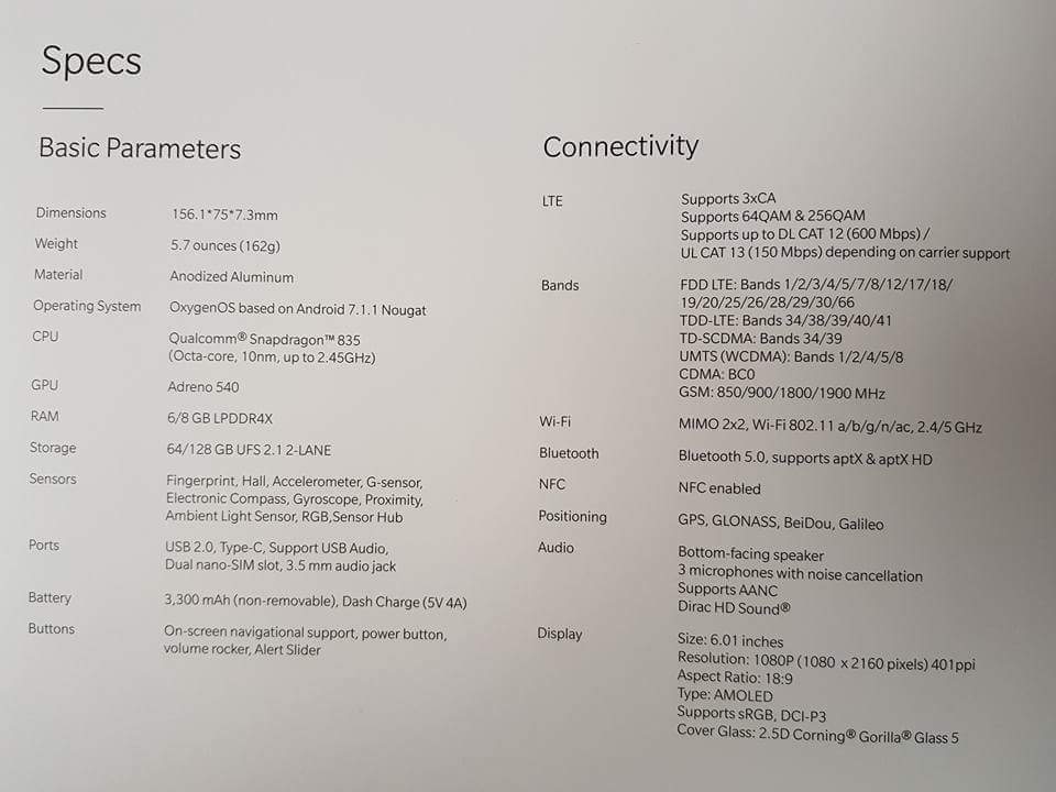 OnePlus 5T Specifications